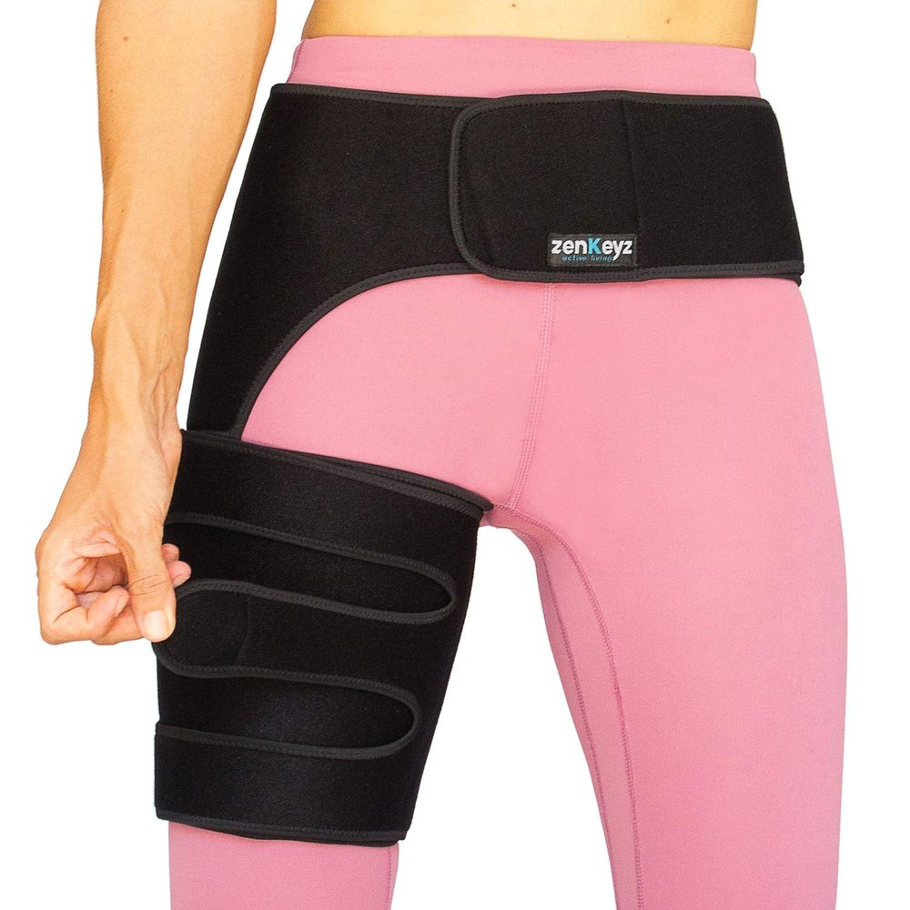 ZENKEYZ Hip Brace for Men and Women - Copper-Infused Neoprene Support - Adjustable Three-Strap Stability Wrap for Physical Recovery - Sacroiliac and Thigh Compression Sleeve - Right Leg, One Size