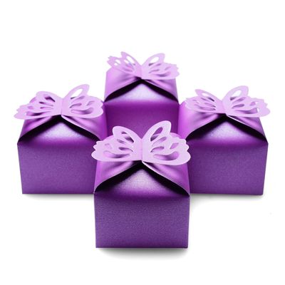 Purple Butterfly Candy Treat Boxes Set Wedding Anniversary Party Favors Mothers Day Birthday Baby Shower Party Small Gift Box Bulk Supplies 2x2x2 inch, 50pc