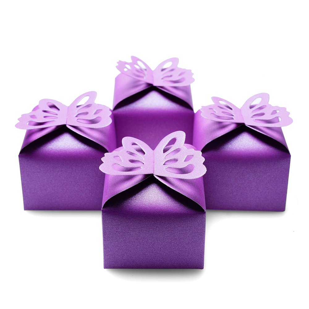 Purple Butterfly Candy Treat Boxes Set Wedding Anniversary Party Favors Mothers Day Birthday Baby Shower Party Small Gift Box Bulk Supplies 2x2x2 inch, 50pc