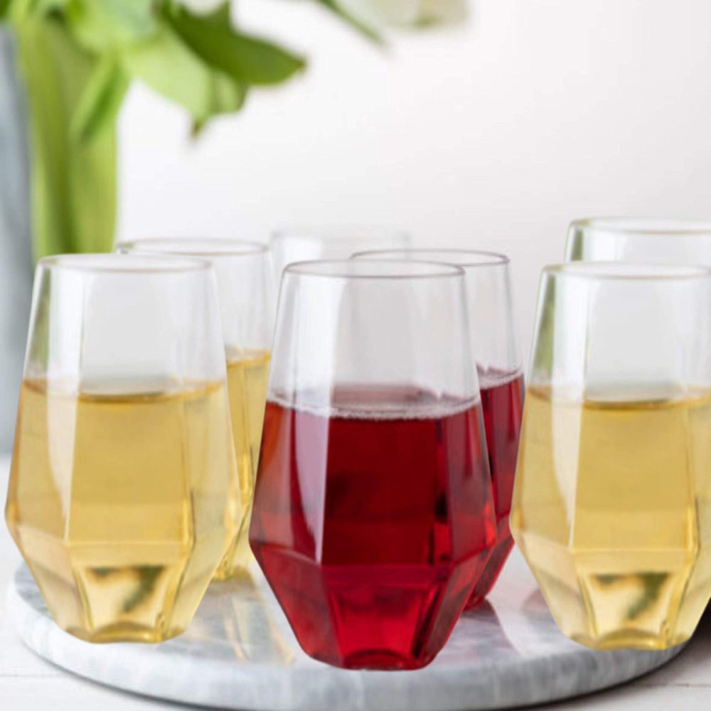 HomeyGear 6 Pack Plastic Diamond Shaped Wine Glasses BPA Free Clear Goblets Stemless 12 Oz Disposable Elegant Drink Cups for Parties Wedding Receptions Fancy Reusable Tumblers for Easy CleanUp