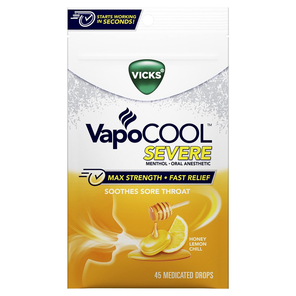 Vicks, VapoCOOL Severe Medicated Lozenges, Honey Lemon Chill, 45 Count