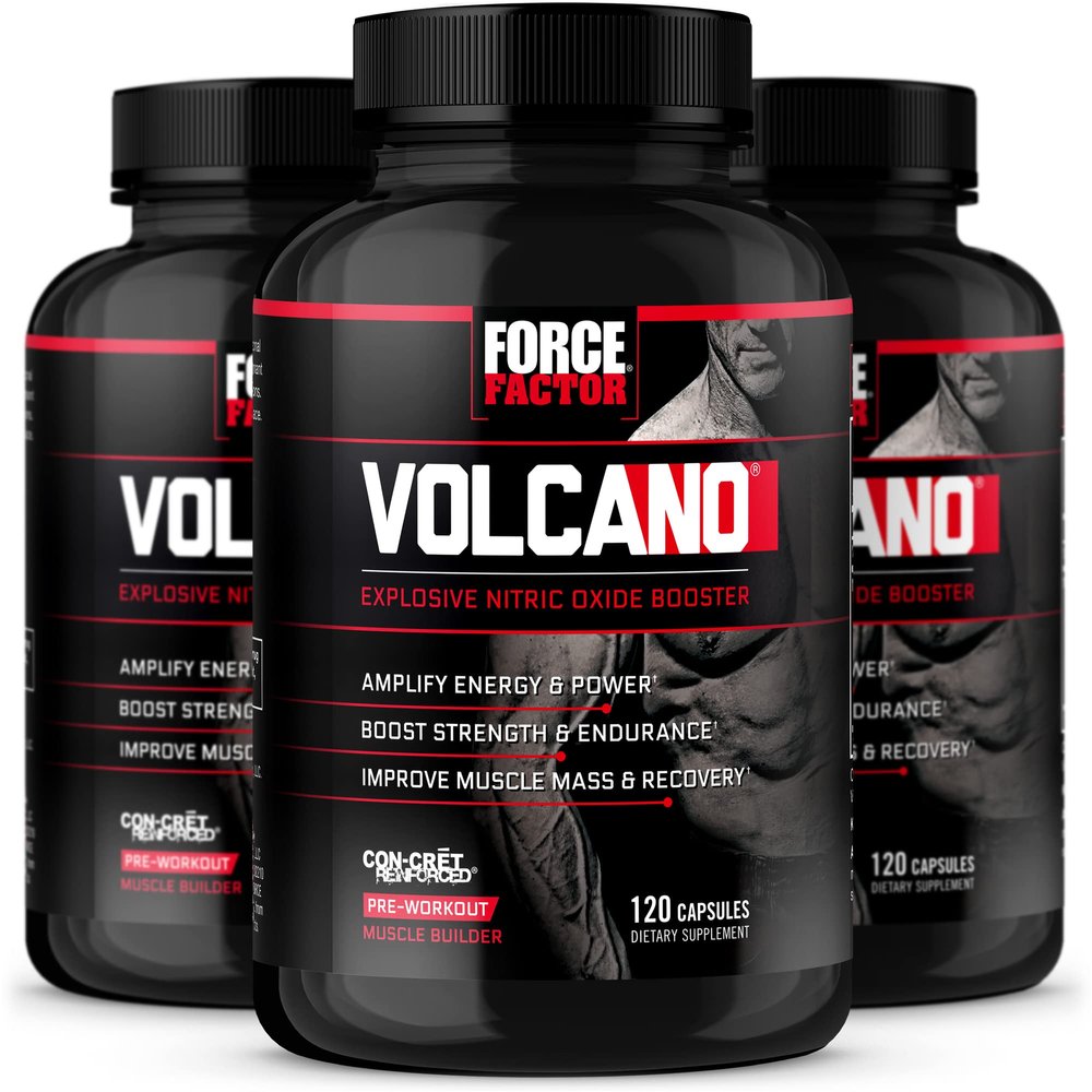 Force Factor Volcano Pre Workout Nitric Oxide Booster Supplement for Men with Creatine and L-Citrulline to Help Boost Nitric Oxide, Energy, Build Muscle & Improve Blood Flow, 120 Count(Pack of 3)