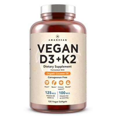 AMANDEAN Vegan Vitamin D3 K2. 5000 iu from Algae. All-Trans MK-7. 120 Softgels. Plant-Based & Carrageenan Free. Organic Coconut Oil Blend. for Mood, Bones, Heart, Immune Health (Packaging May Vary)