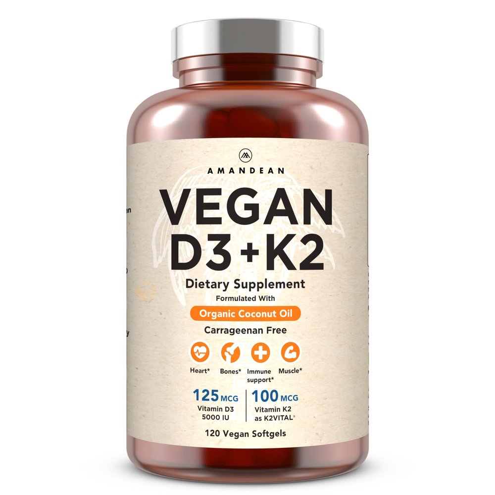 AMANDEAN Vegan Vitamin D3 K2. 5000 iu from Algae. All-Trans MK-7. 120 Softgels. Plant-Based & Carrageenan Free. Organic Coconut Oil Blend. for Mood, Bones, Heart, Immune Health (Packaging May Vary)