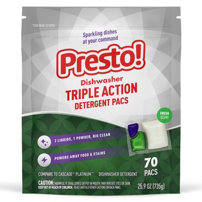 Amazon Brand - Presto! Triple Action Dishwasher Pacs, Anti-spotting, Fresh Scent, No Phosphates or Chlorine, 70 Count