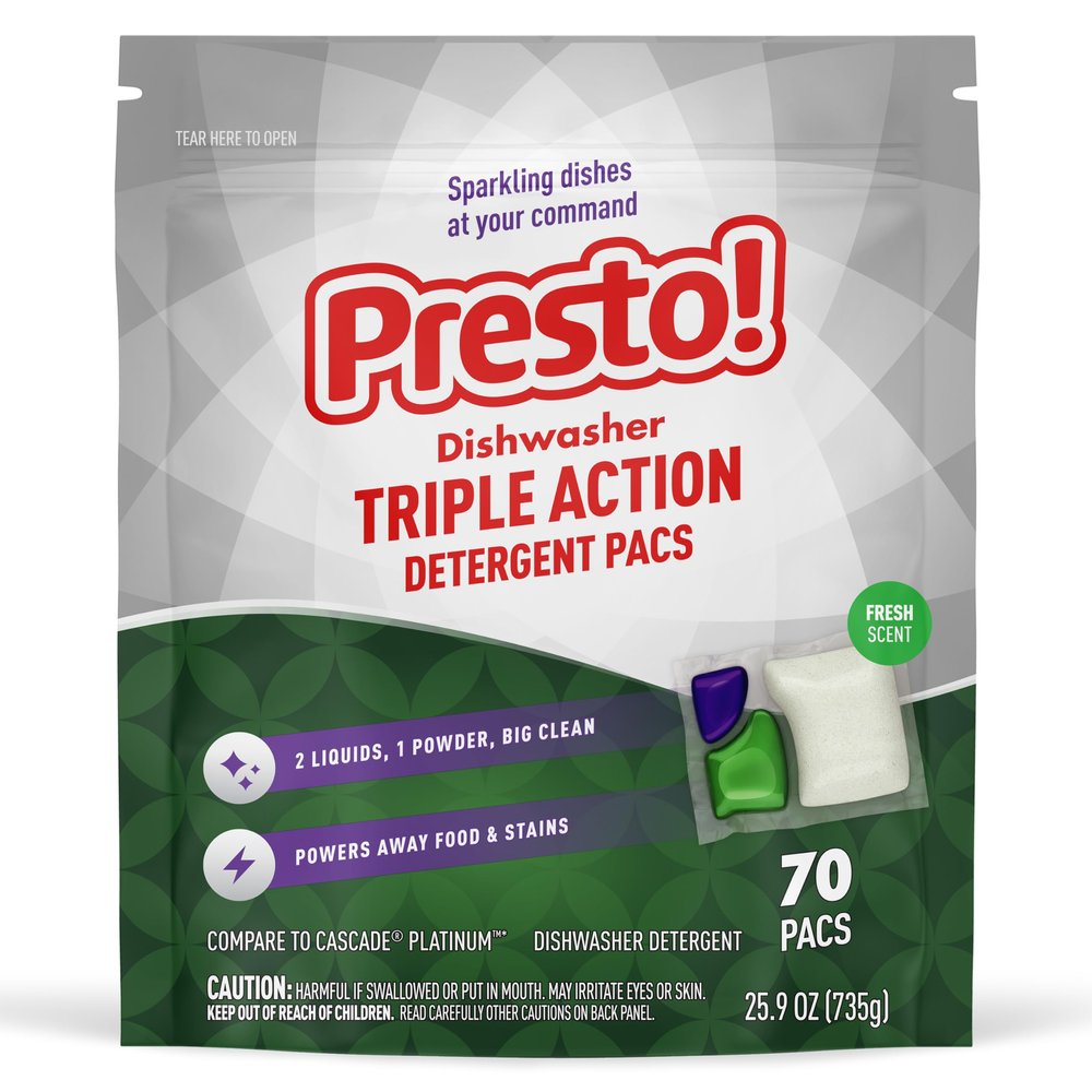 Amazon Brand - Presto! Triple Action Dishwasher Pacs, Anti-spotting, Fresh Scent, No Phosphates or Chlorine, 70 Count