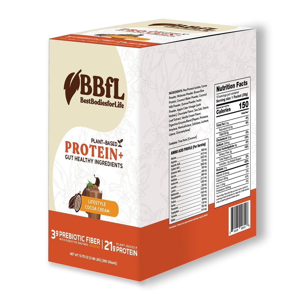 BBfL Plant-Based Protein Shake 21g Vegan Protein, Cocoa + Apple Cider Vinegar, Prebiotics, Digestive Enzymes, Supports Gut Health All-in-One Shake for Women & Men (10 Servings, Cocoa Cream)