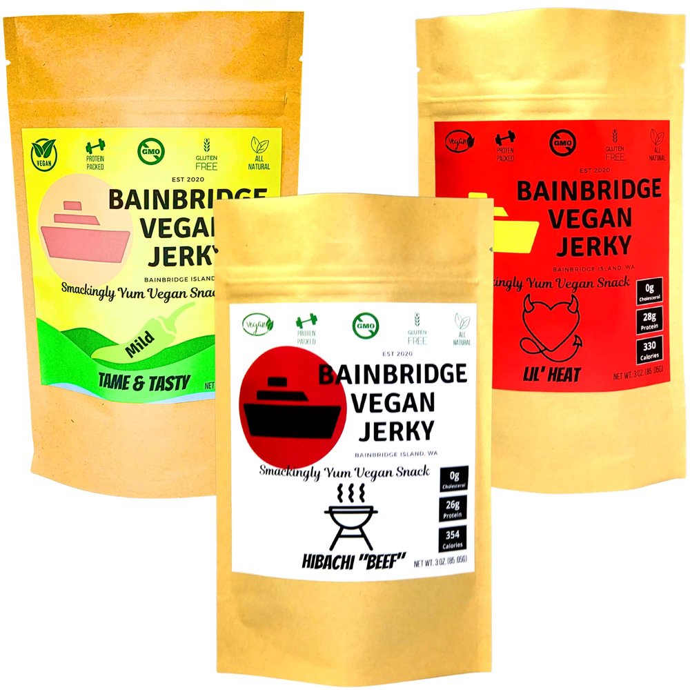 Bainbridge Vegan Jerky  Variety Pack: Tame & Tasty, Lil' Heat, Hibachi "Beef", Vegan Jerky Plant Based Snacks, All Natural, Non-GMO, Gluten Free Vegan Meat/Vegetarian Jerky, 3 oz (Pack of 3)