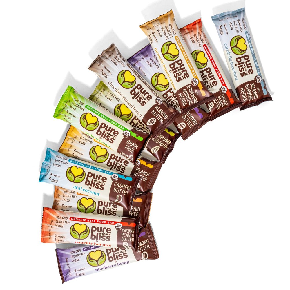 Organic Real Food Bars - Variety Pack (2 of Each Flavor, 12 Bars Total) - USDA Certified Organic, Non-GMO, Gluten Free, Vegan, Energy & Nutrition Bars, Superfood Ingredients, Healthy Snack, Breakfast Bars, Dairy Free, Soy Free - Pure Bliss Organics (