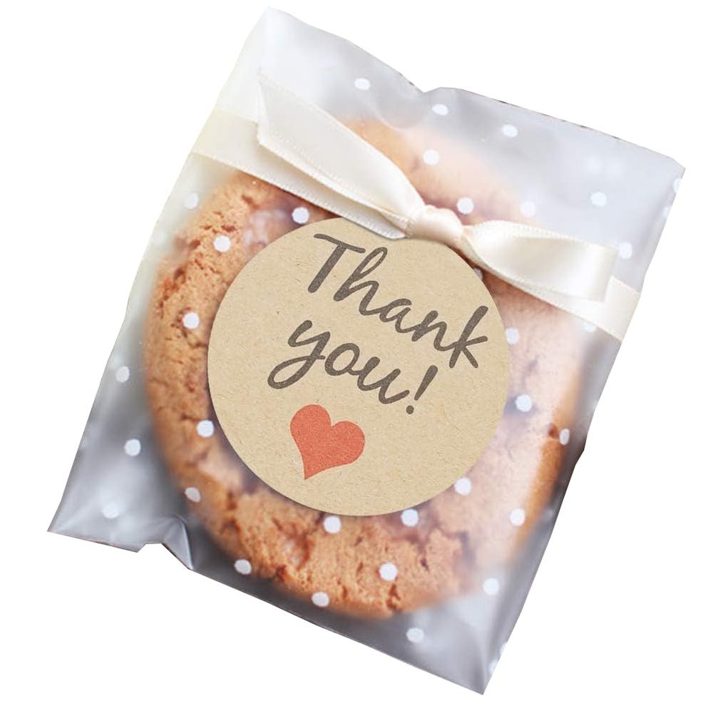 FLYTT Self Adhesive Cookie Bags, White Polka Dot Individual Resealable Cellophane Treat Bags with Thank You Stickers for Gift Giving (5.5''x5.5'', 100 Pcs)