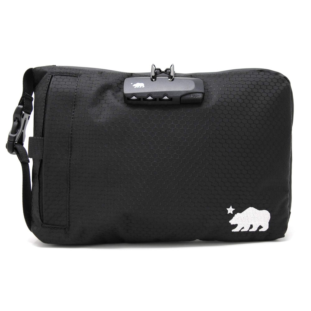 Cali Crusher Combo Pouch (10in x 7in) | Cushioned Protective Padding | 100% Smell Proof w/Combination Lock | Side Release Buckle Strap (Black/White)