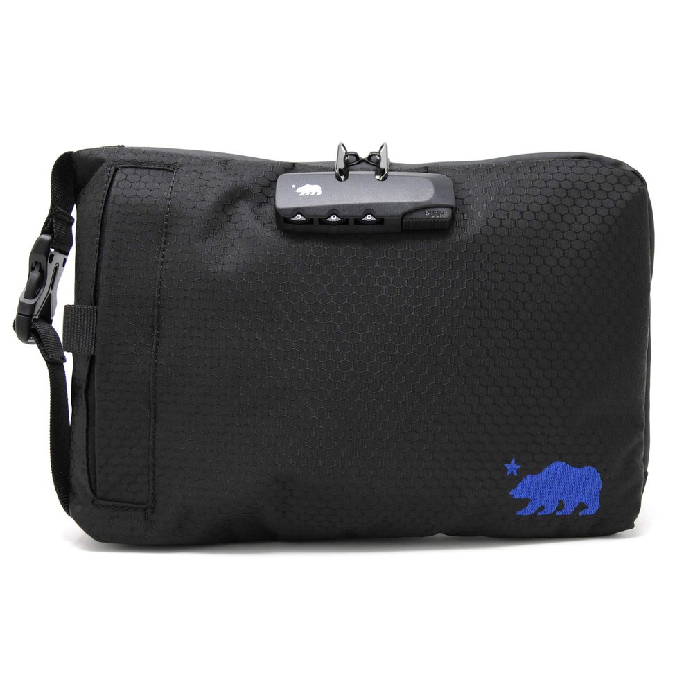 Cali Crusher Combo Pouch (10in x 7in) | Cushioned Protective Padding | 100% Smell Proof w/Combination Lock | Side Release Buckle Strap (Black/Blue)