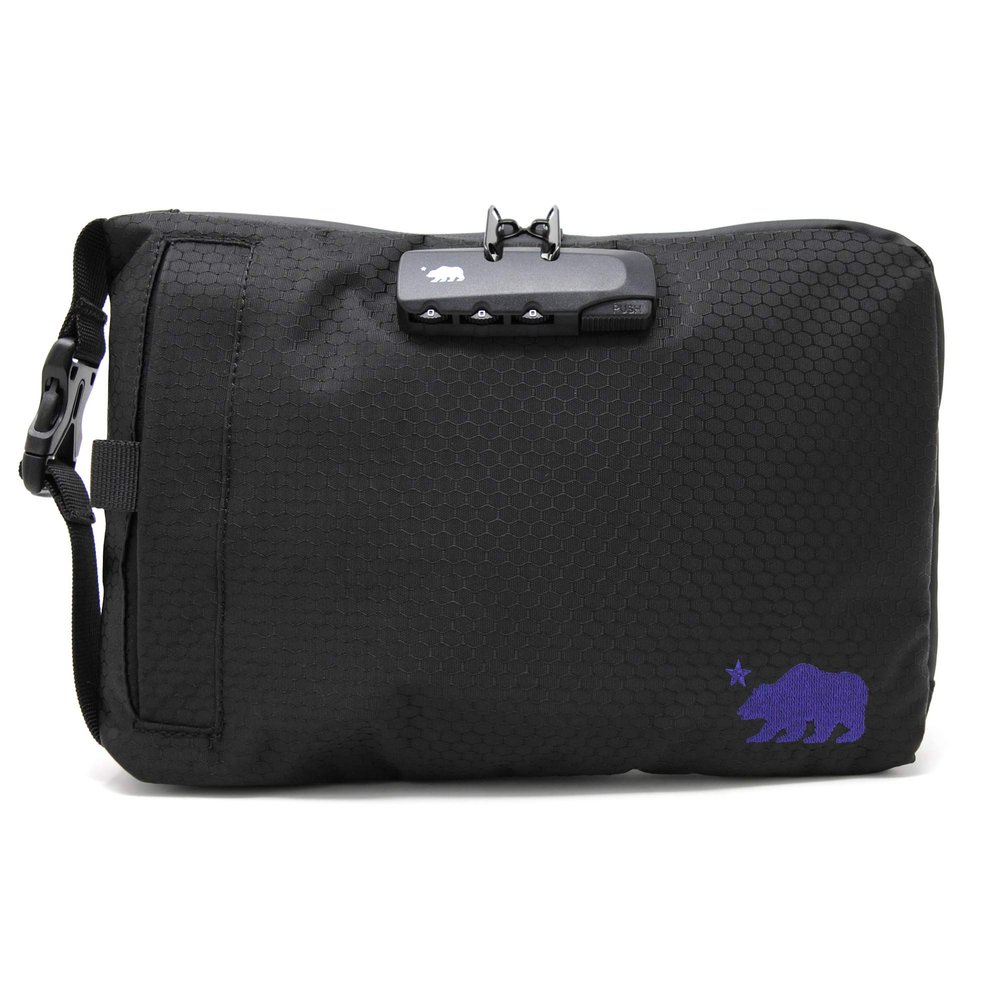 Cali Crusher Combo Pouch (10in x 7in) | Cushioned Protective Padding | 100% Smell Proof w/Combination Lock | Side Release Buckle Strap (Black/Purple)