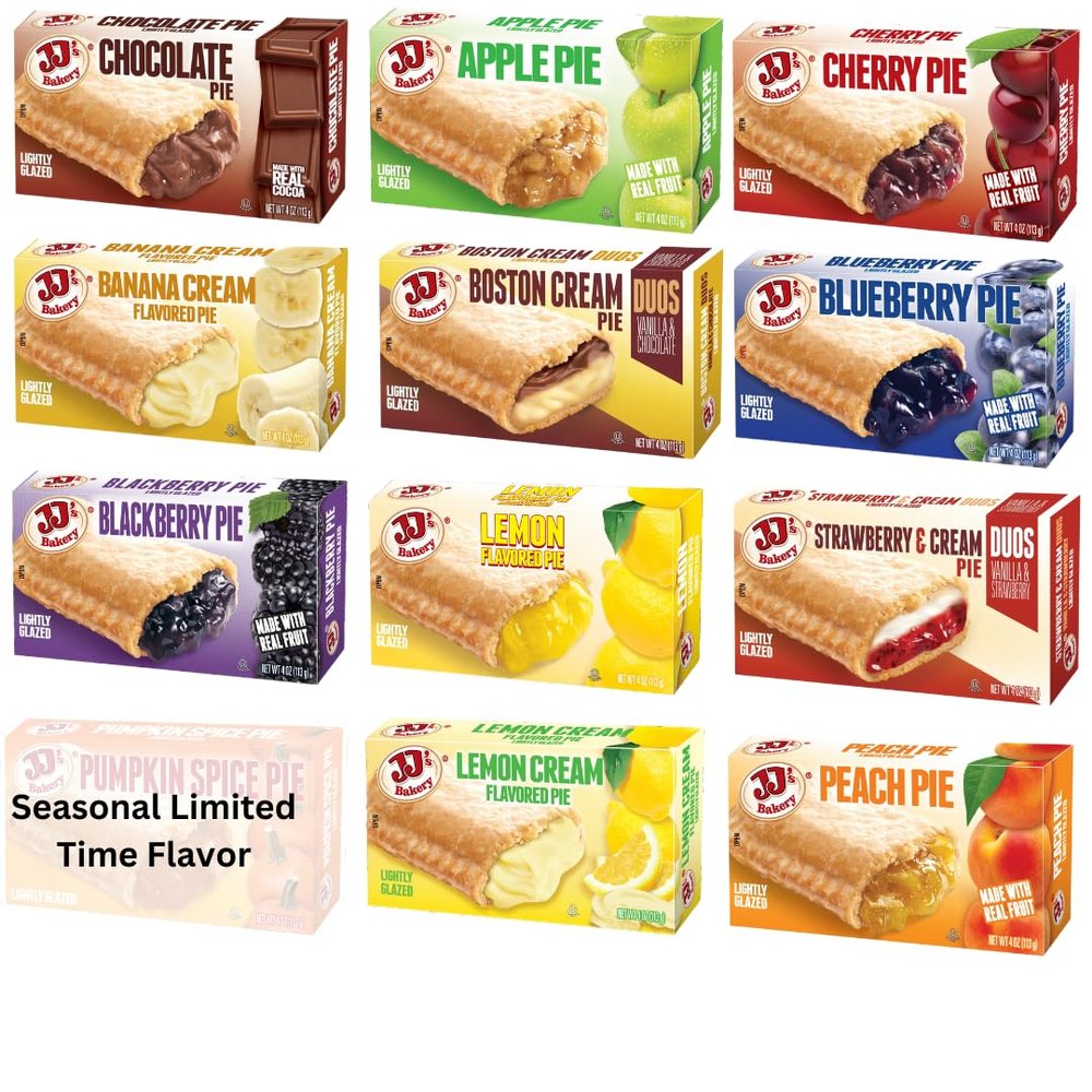 JJ's Bakery Snack Pie Variety Pack  Fresh Baked Fruit Pies Apple, Cherry, Chocolate, Lemon, Peach, Pie Crust Nut-Free Individually Wrapped Dessert Snacks, Kosher Parve, 4 oz Each (Pack of 12)