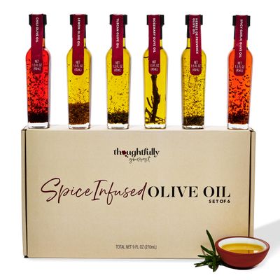 Thoughtfully Gourmet, Spice Infused Olive Oil Gift Set, Premium Extra-Virgin Olive Oil from Spain, Flavors Include Chili, Rosemary, Lemon, Spicy Garlic, Herbes de Provence and Tuscan, Set of 6