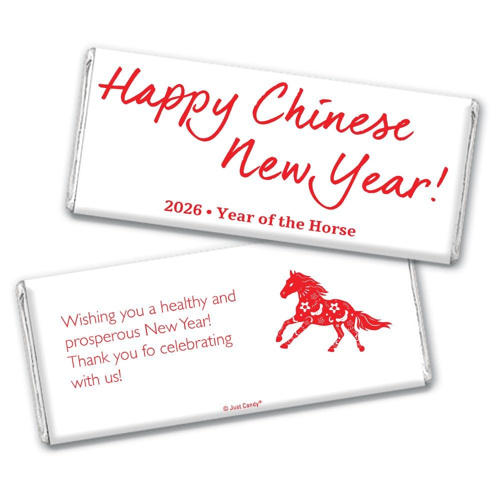 Chinese New Year Favors Candy Personalized Chocolate Bars (12 Pack) 2025 Year of the Horse - Red & White