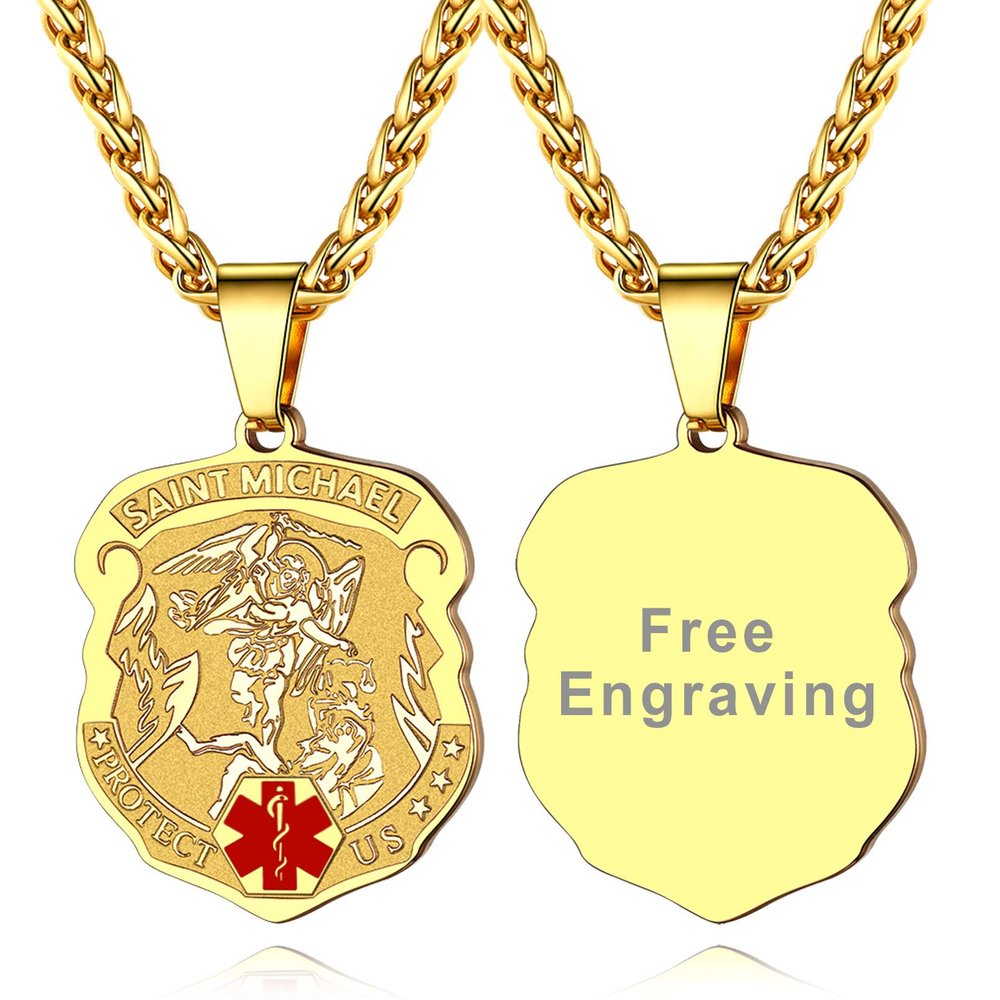 Supcare Diabetic Necklace for Men Gold Stainless Steel Necklace Engraved Necklace Medical Alert Necklace for Men Customizable Necklace