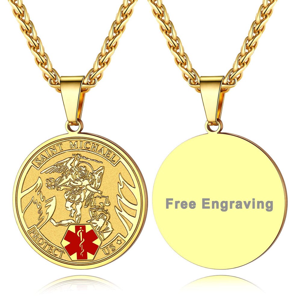 Supcare Engraved Necklace for Men Customize Necklace Personalize Jewelry for Men St Michael Pendant Medical Id Necklace Gold