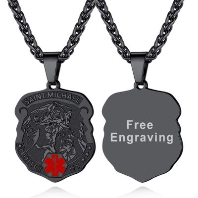 Supcare St Michael Necklace for Men Life Alert Necklace Stainless Steel Necklace Medical Id Necklace Personalized Mens Necklace Black