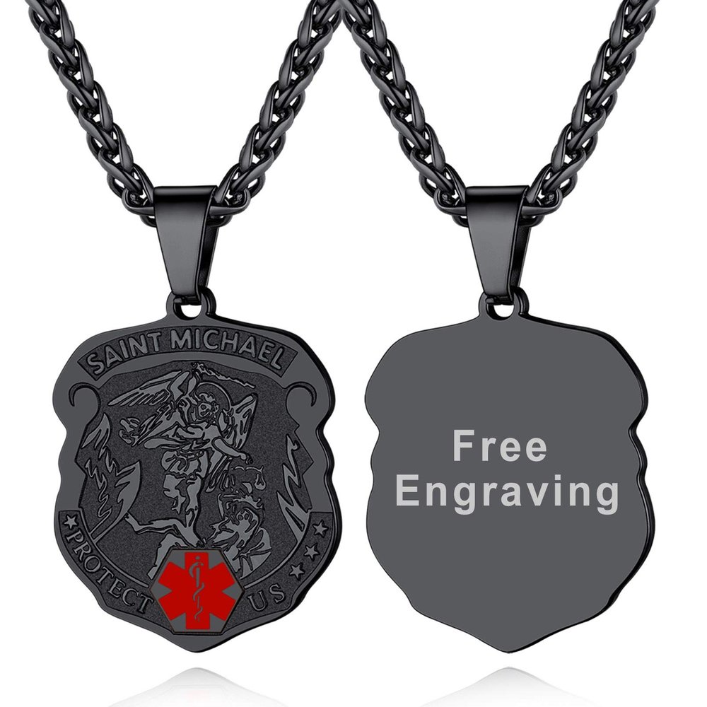 Supcare St Michael Necklace for Men Life Alert Necklace Stainless Steel Necklace Medical Id Necklace Personalized Mens Necklace Black