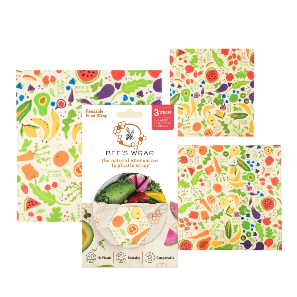 Bee's Wrap Beeswax Wraps for Food - Made in USA Reusable & Organic Food Wraps, Sandwich Wrap & Bowl Covers - Eco-Friendly Alternative to Aluminum Foil & Plastic Wrap, Fresh Fruit 3 Pack (S, M, L)