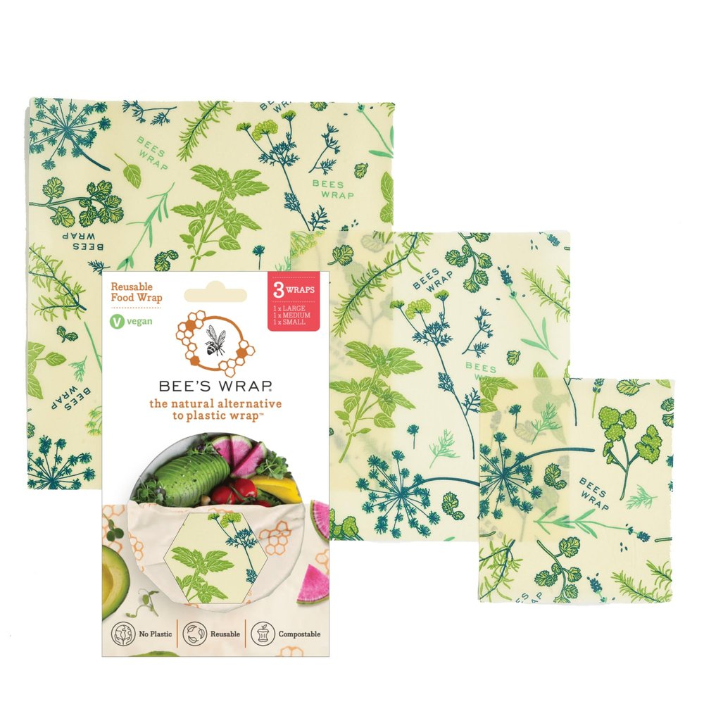 Bee's Wrap Vegan Beeswax Wraps for Food - 3 Pack of Assorted Beeswax Wraps - Small, Medium & Large Wrap - Made in USA Reusable Natural Food Wrap - Herb Garden Print