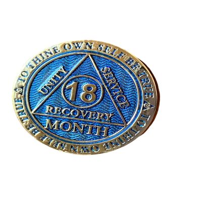 18 Month AA Medallion Dusty Blue Color Gold Plated Sobriety Chip