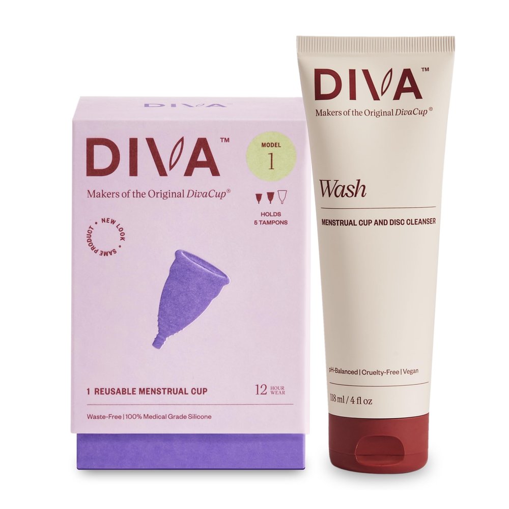 Diva Cup & Diva Wash Combo Pack - Medical Grade Silicone Cup for Period Care - Reusable Menstrual Cup - Cleaner for Period Cup - Cup Model 1 (for Medium to Heavy Flow)