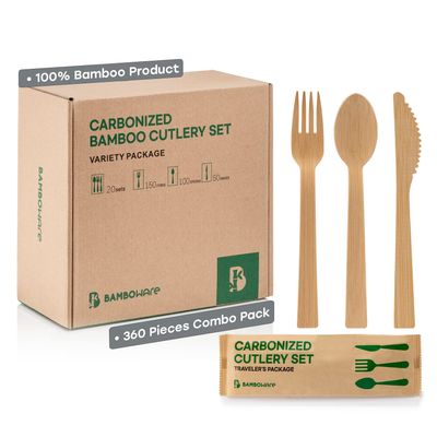 100% Bamboo Utensils - Carbonized Disposable Cutlery Biodegradable and Sanitized - Heavy Duty & Fully Functional (Variety Pack - 360 Pieces)