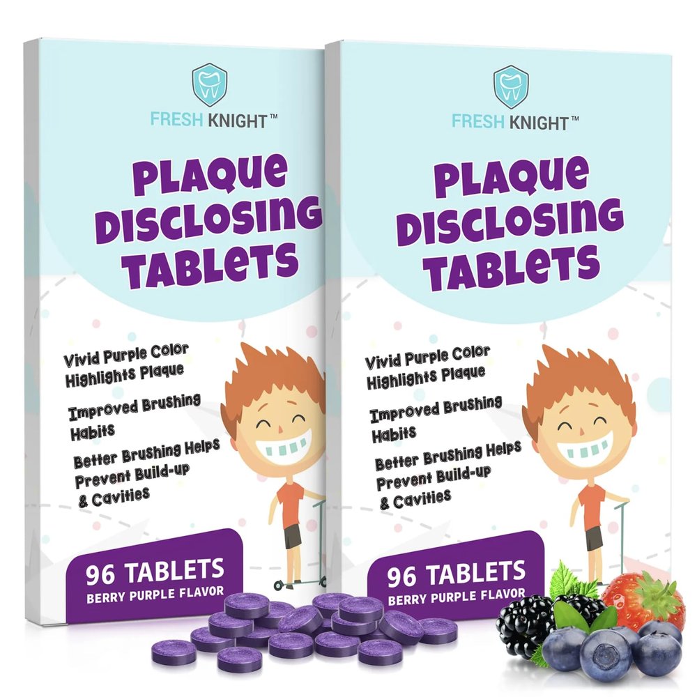 Plaque Disclosing Tablets for Teeth, 96 Count, Dental Disclosing Tablets for Kids or Adults, Shows Plaque, Helps Teach Kids Teeth-Brushing Habits for Clean Smile, by Fresh Knight, (Pack of 2)