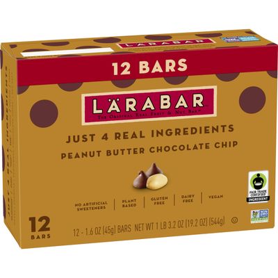 Larabar Peanut Butter Chocolate Chip, Fruit and Nut Bars, Gluten Free and Vegan, 19.2 oz, 12 Ct