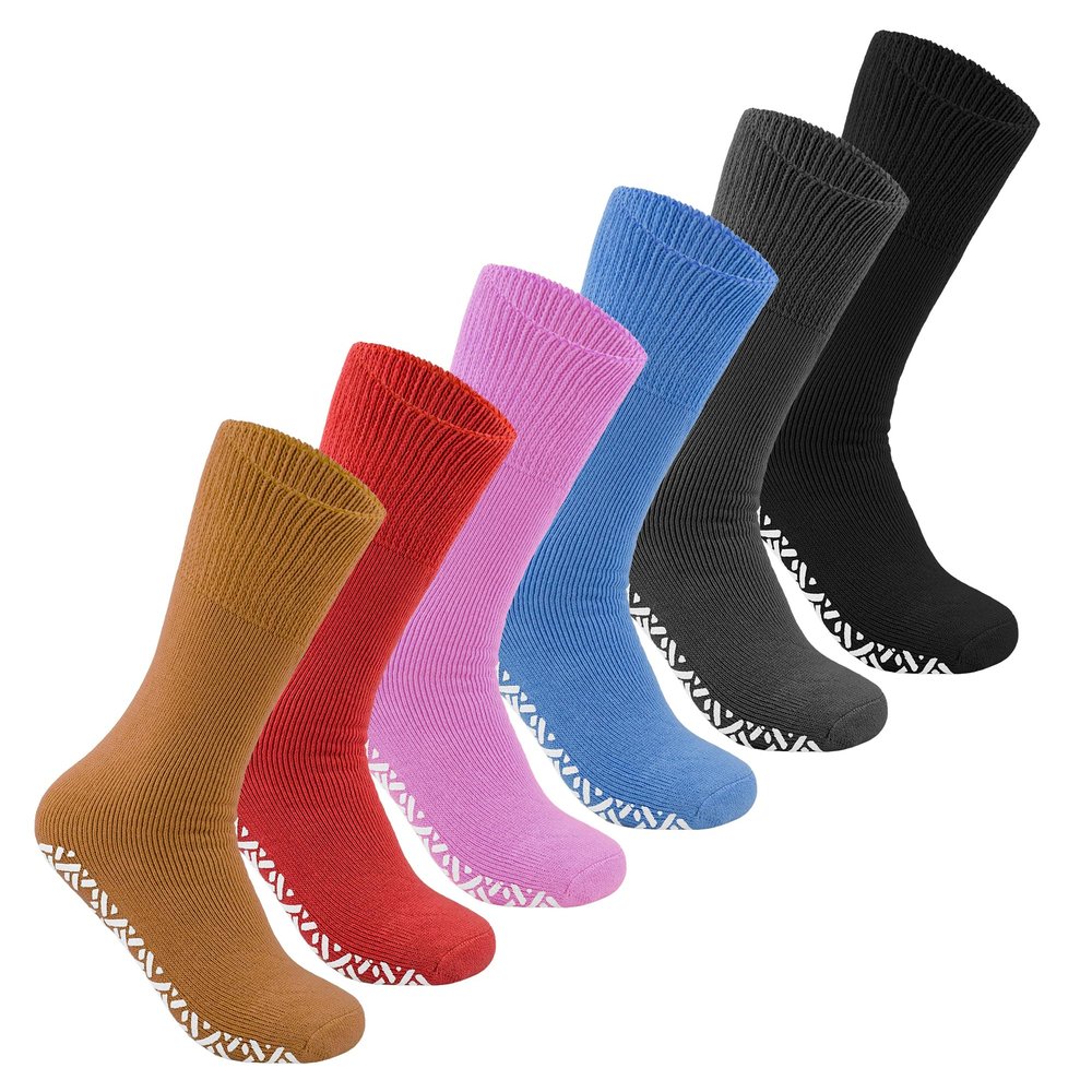 6 Pairs of Cotton Diabetic Non-Slip Tube Crew Socks, Medical Rubber Gripper Bottom Hospital (Fit's Womens Shoe size 7-11)