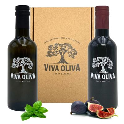 Viva Oliva Two 375ml (12.7oz) Variety Gift Set - Basil Infused Olive Oil & Black Mission Fig Balsamic Vinegar - Premium Quality - 100% Natural