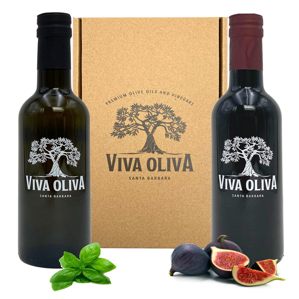 Viva Oliva Two 375ml (12.7oz) Variety Gift Set - Basil Infused Olive Oil & Black Mission Fig Balsamic Vinegar - Premium Quality - 100% Natural