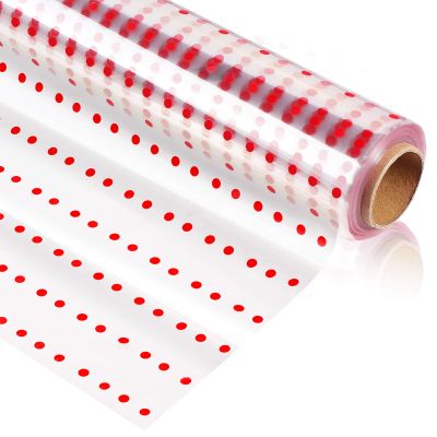 NUOBESTY Red Dots Cellophane Wrap Roll, 1 Pc of 3 Mil Cellophane Treat Bags Clear Red Spotted Flowers Basket Packing Paper Treat Bags- Unfolded Width 32 inch x 100