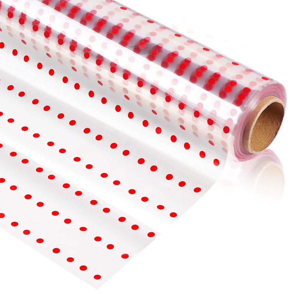 NUOBESTY Red Dots Cellophane Wrap Roll, 1 Pc of 3 Mil Cellophane Treat Bags Clear Red Spotted Flowers Basket Packing Paper Treat Bags- Unfolded Width 32 inch x 100