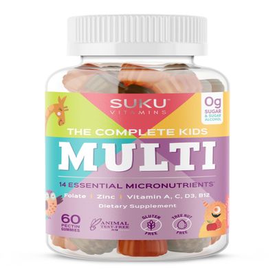 SUKU The Complete Kids Multivitamin Gummies Vitamins A, C, D, E, B6, B12, Folate & Zinc Immune Support, Sugar-Free, Gluten-Free, Non-GMO, Tropical Bonanza Flavor 60 Count