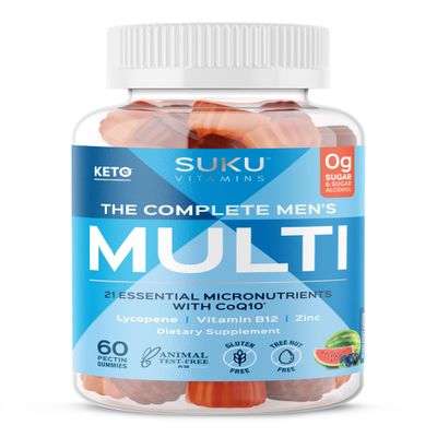 SUKU Men's Daily Multivitamin Gummies Vitamins A, B12, C, D3, E, Zinc, CoQ10 & Lycopene Prostate, Heart & Immune Support Sugar-Free, Vegan, Mixed Fruit Fusion 60 Count