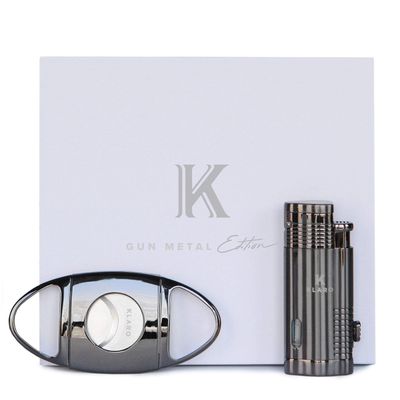 CASE ELEGANCE Klaro Cigar Accessory Kit Polished Gunmetal Finish Cutter & Lighter Gift Set Packaging
