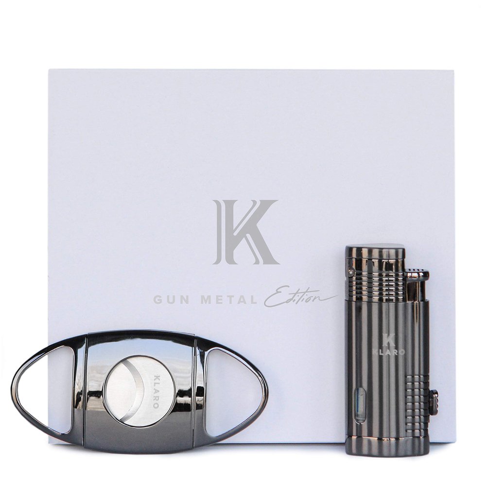 CASE ELEGANCE Klaro Cigar Accessory Kit Polished Gunmetal Finish Cutter & Lighter Gift Set Packaging