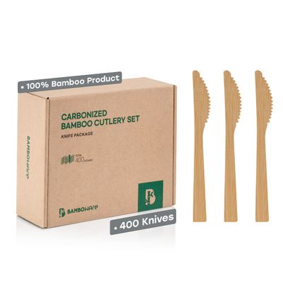 100% Bamboo Utensils - Carbonized Disposable Cutlery Biodegradable and Sanitized - Heavy Duty & Fully Functional (Knife - 400 Pieces)