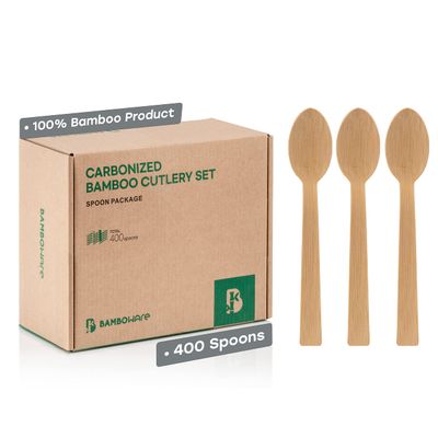 100% Bamboo Utensils - Carbonized Disposable Cutlery Biodegradable and Sanitized - Heavy Duty & Fully Functional (Spoon - 400 Pieces)
