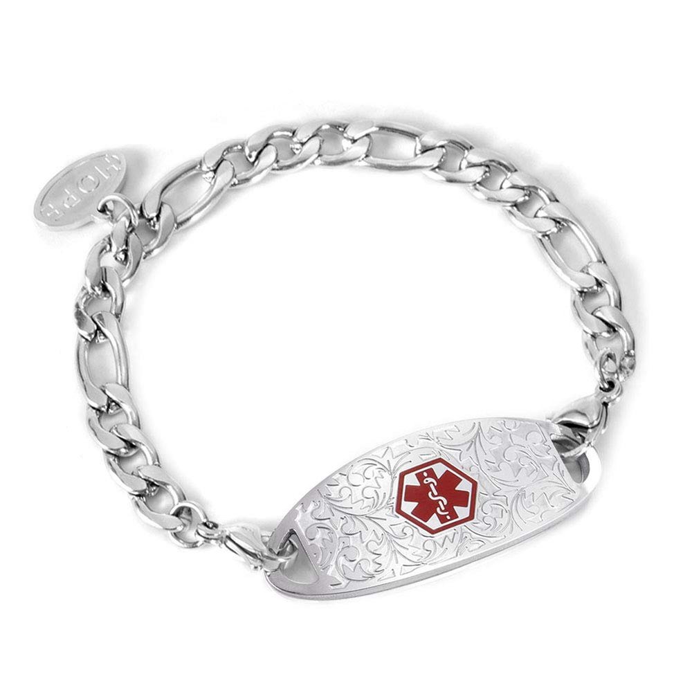 BAIYI HOPE Medical Alert ID Bracelet for Women Stainless Steel Figaro Chain Jewelry Custom Engraving Med Filigree Tag Waterproof Medical Emergency Identification Bracelets 6.5 inch