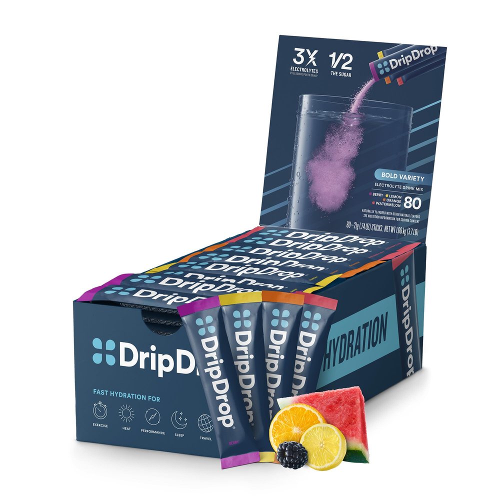 DripDrop Hydration Packets - Bold Variety Pack - Single Serve Electrolytes Powder Drink Mix - Watermelon, Berry, Lemon, Orange - Non-GMO, Gluten Free, Vegan - 80 Sticks