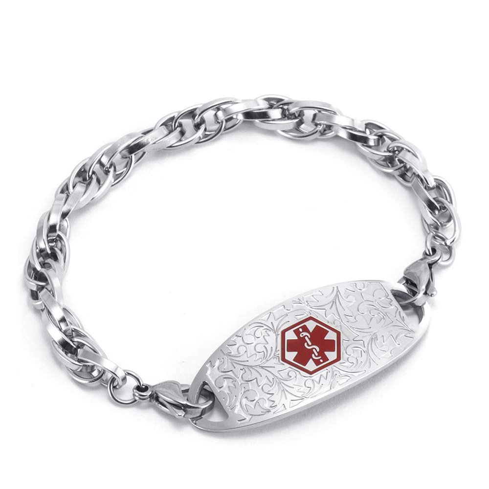 BAIYI HOPE Medical Alert Jewelry Stainless Steel Medical Emergency ID Bracelet for Women with Free Engrave Medic Allergy Awareness Bracelet 8 inch