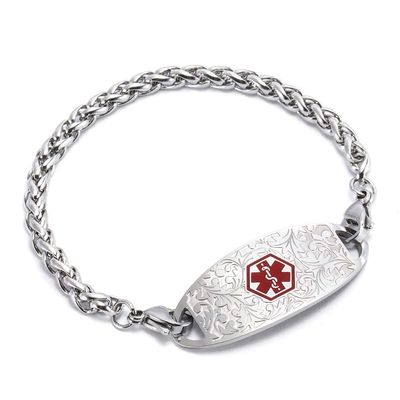 BAIYI HOPE Personalized Medical Alert Bracelet Custom Engraved Stainless Steel Flower Medical Emergency ID Bracelet Interchangeable Wheat Chain Bangle 6"