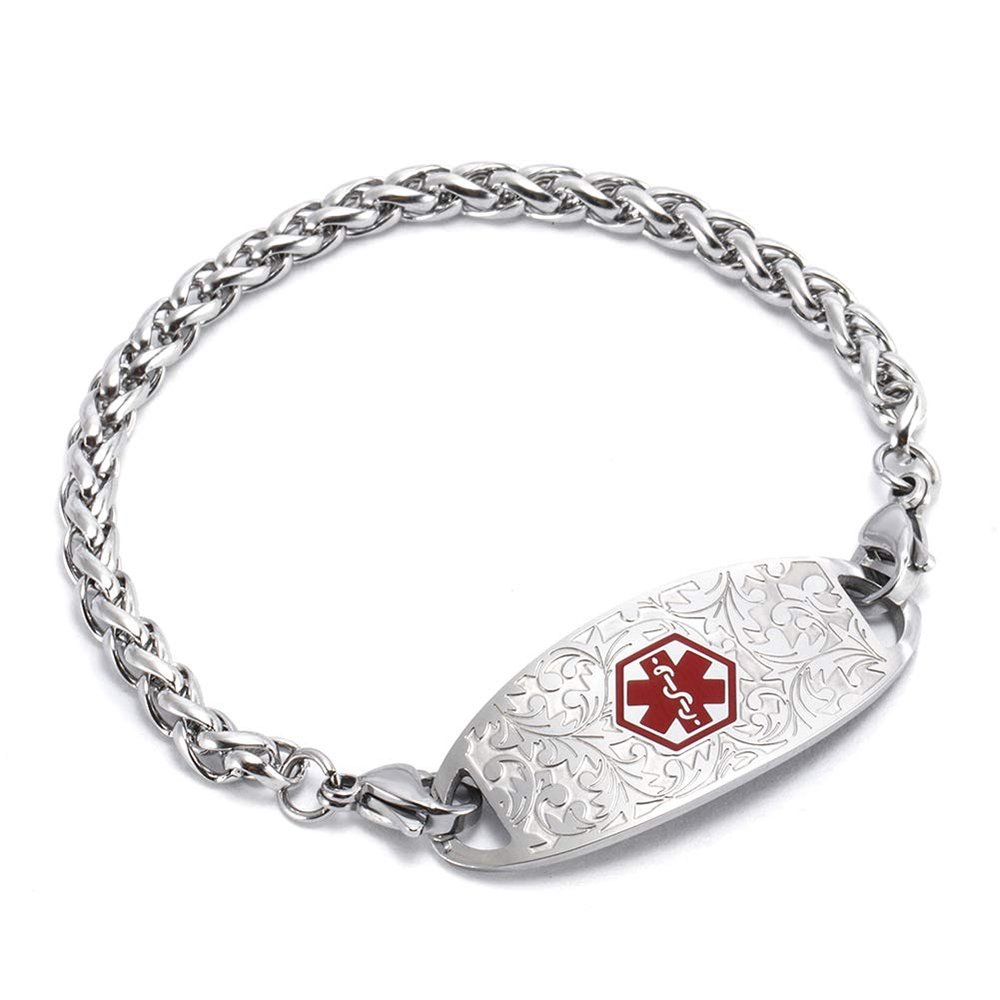 BAIYI HOPE Personalized Medical Alert Bracelet Custom Engraved Stainless Steel Flower Medical Emergency ID Bracelet Interchangeable Wheat Chain Bangle 6"
