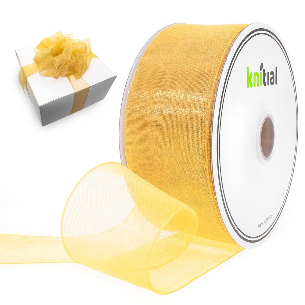Knitial Gold Organza Ribbon 1-1/2" x 50 Yard Sheer Ribbon for Gift Wrapping Hair Bows, Decorations, Flower Arranging