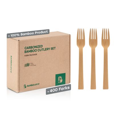 100% Bamboo Utensils - Carbonized Disposable Cutlery Biodegradable and Sanitized - Heavy Duty & Fully Functional (Fork - 400 Pieces)