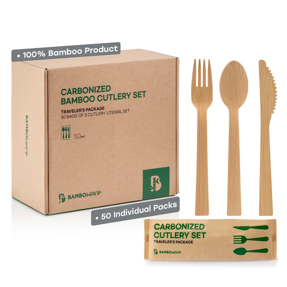100% Bamboo Utensils - Carbonized Disposable Cutlery Biodegradable and Sanitized - Heavy Duty & Fully Functional (Traveler Set - 150 Pieces (50 Sets))